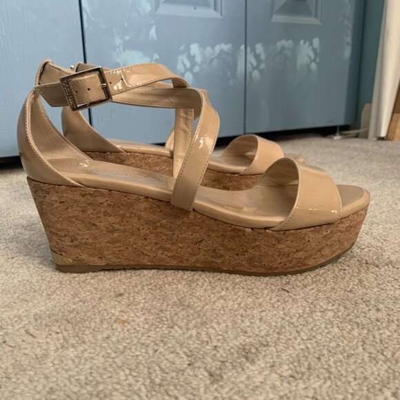 Jimmy Choo Beige Patent Leather Portia 120 Cork Heel Wedges - Picture 2 of 7